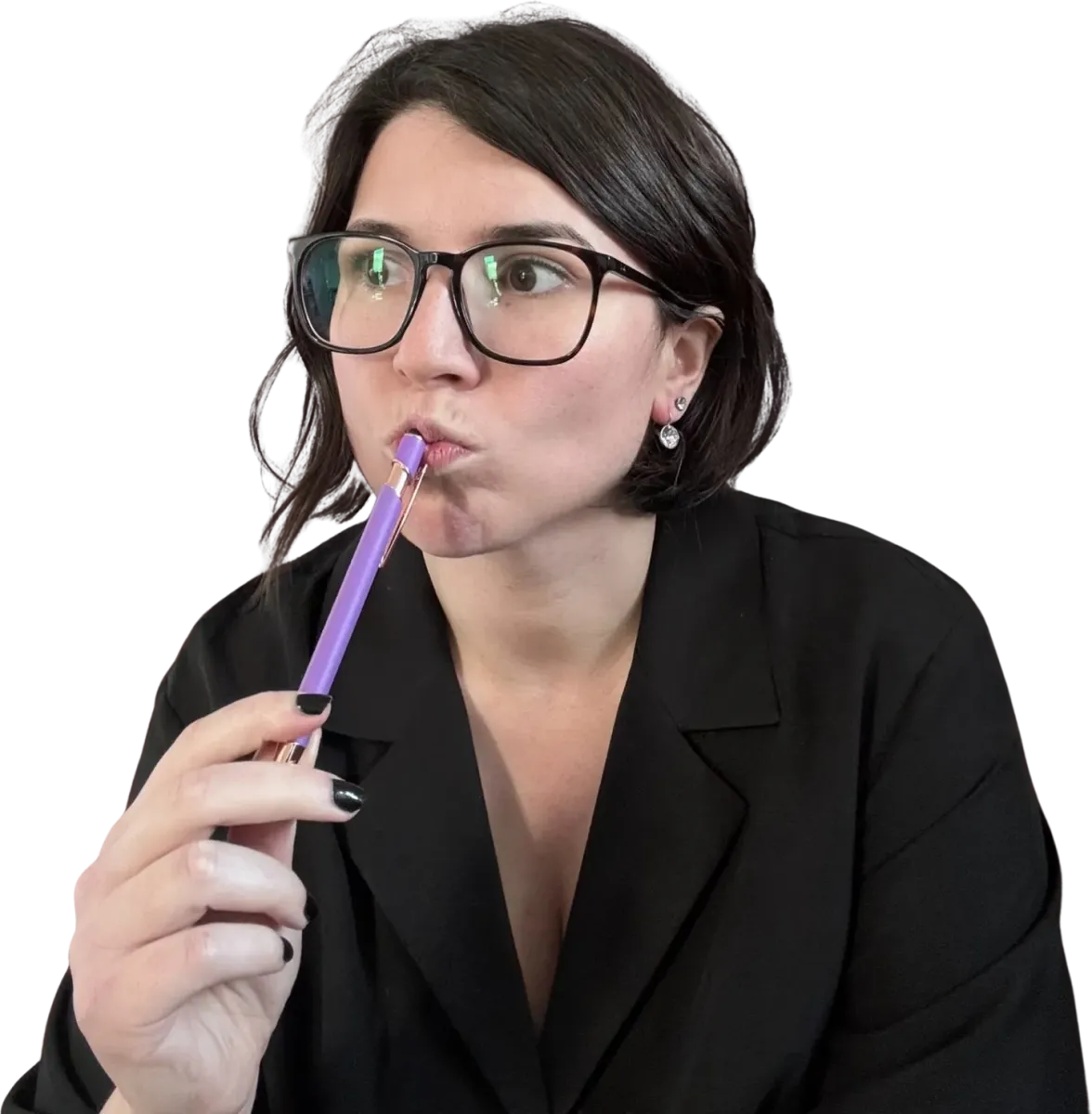 Cass Whitaker thinking, a purple pen to her lips