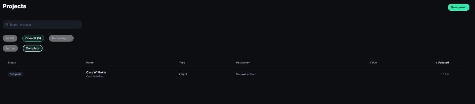 Screenshot of Nick's CRM showing Cass Whitaker project as complete.